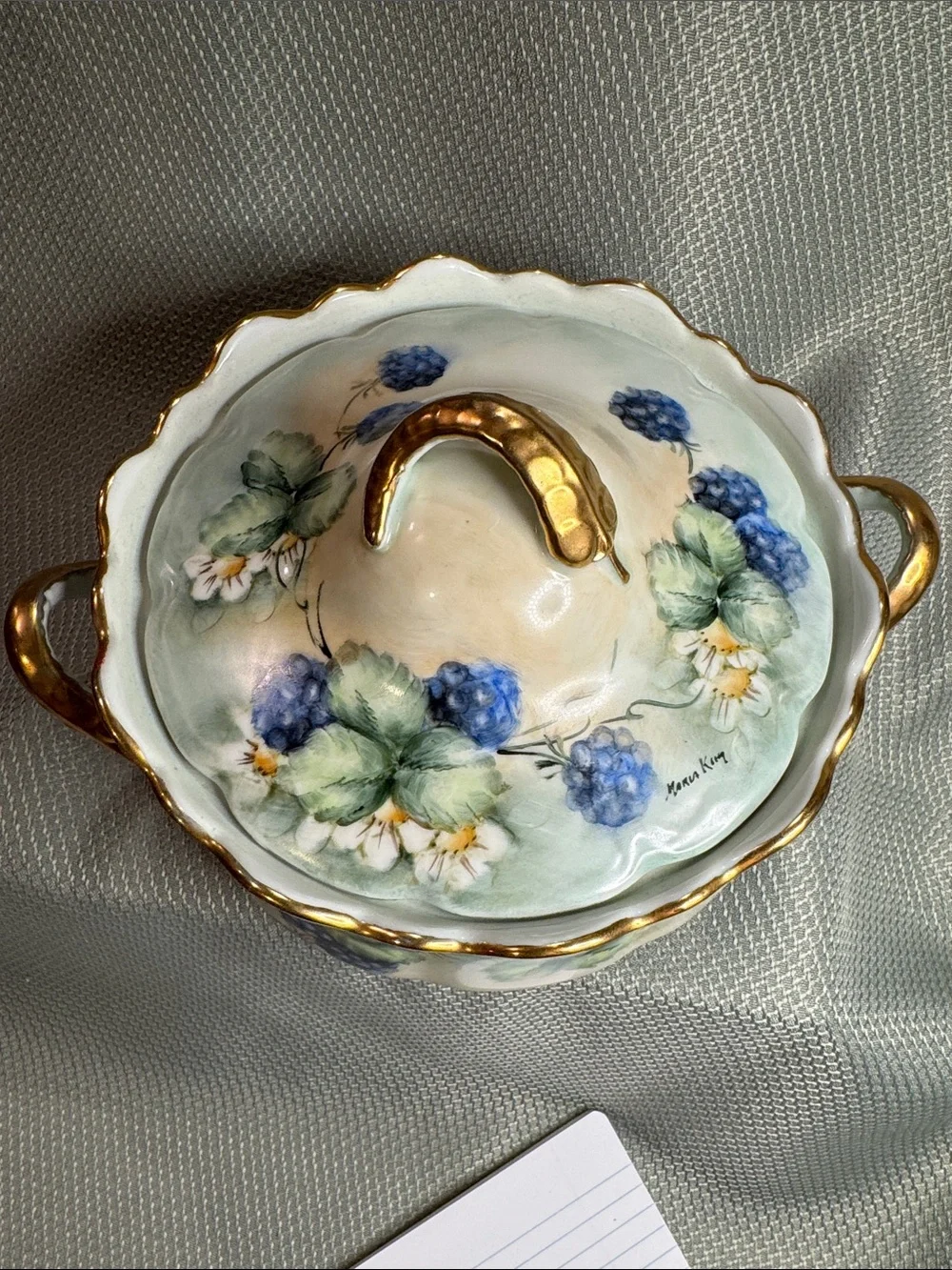 Stunning Vintage Hand Painted Signed “Marla King” Porcelain Covered Dish
